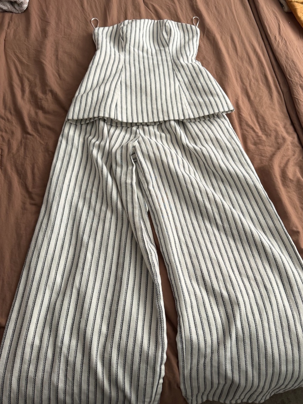 Fashion Nova White and Black Striped Strapless Wide-Leg pants set